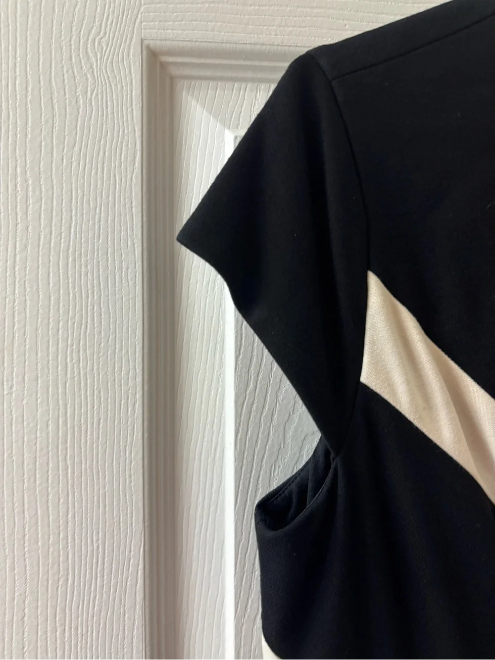 Cynthia Steffe Sleeveless Black Midi Dress with White Chevron Accents